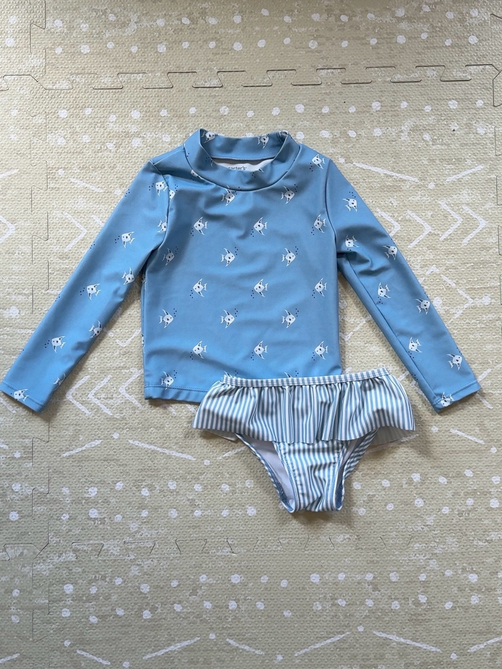 Kids Blue Long-Sleeve Rash Guard Swimsuit Set with Striped Ruffle Bottom